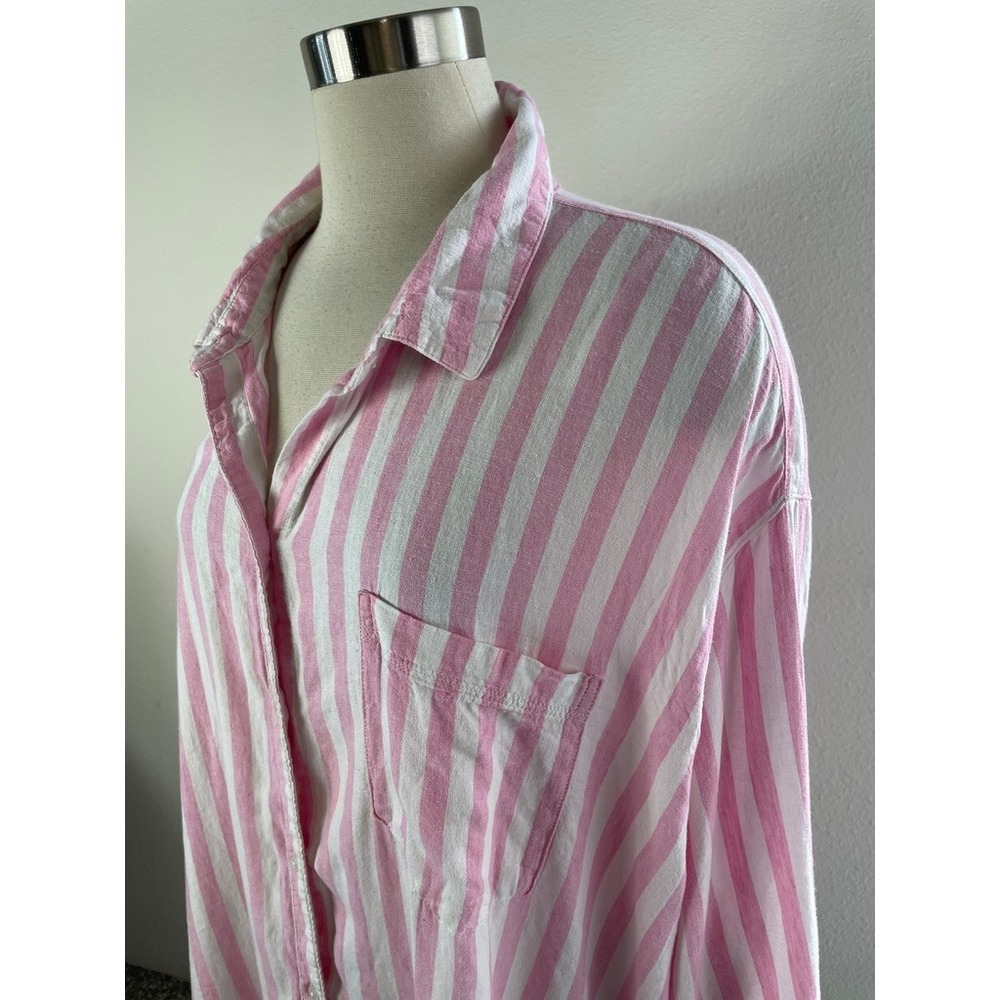 Old Navy Womens Plus 3X Boyfriend Shirt Pink White Striped Linen Blend Button Up - Picture 2 of 8